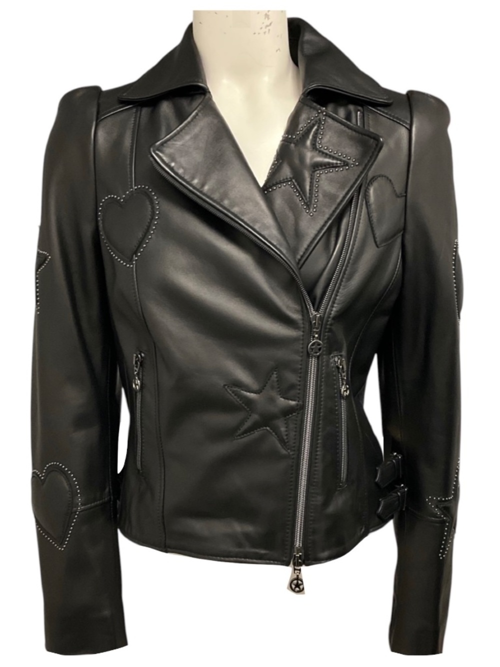 MAISON COMMON BLACK STUDDED MOTO ZIP LEATHER JACKET WITH HEARTS AND STARS